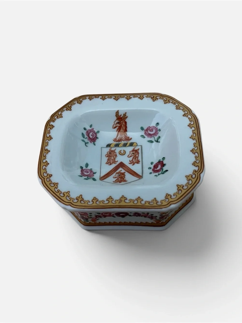 Porcelain Trinket Dish with Gold Trim and Pink Rose Motif